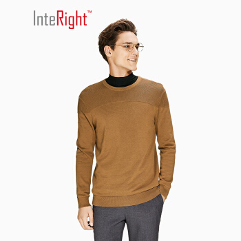 INTERIGHT 全棉净色暗提花圆领男士毛衣针织衫 咖啡 L码