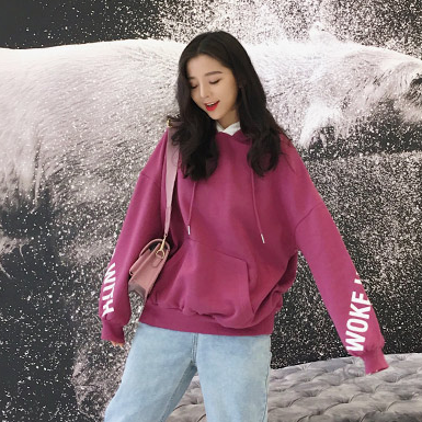 HSTYLE 韩都衣舍 NJ11459 女士宽松连帽印花加绒卫衣