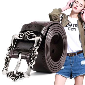 斯提亚（STIYA） 女士皮带 韩版百搭女式腰带复古花纹装饰针扣牛皮宽腰带女士裤带 862S081013咖色