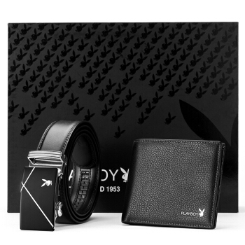 花花公子PLAYBOY 皮带男羊皮短款钱包自动扣牛皮男士腰带横款钱夹送礼套装礼盒PJD00033-7B