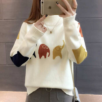 亚瑟魔衣针织衫女半高领套头毛衣韩版拼色大象学生百搭打底上衣SH-0173 米白色 均码