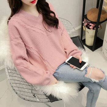 亚瑟魔衣针织衫女2018秋冬装新款韩版女装V领宽松慵懒风套头毛衣女学生打底衫SH-18 粉色 均码