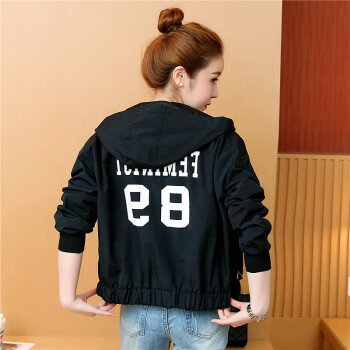 HMDIME 棒球服女休闲小外套2019春秋新款 学生百搭印花字母短款夹克衫 ZQSS6128 黑色 S