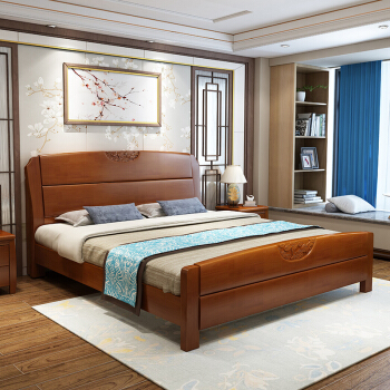 欧宝美实木床新中式卧室床婚床单人床双人床橡木床1.8米框架款胡桃色