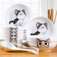 景航 景德镇陶瓷器餐具碗碟套装 猫咪 18件