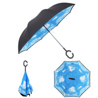 反向伞汽车伞直杆雨伞C型双层免持式晴雨伞 蓝天白云
