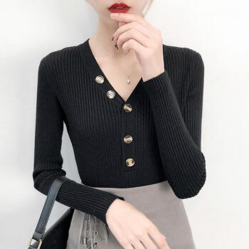 堡晟 2019秋季新款女装新品针织衫女潮百搭显瘦打底长袖毛衣薄款上衣 yw35 黑色 均码