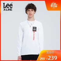 LeeXLINE白色印花纯棉圆领长袖T恤男上衣2020新款潮L410043RXK14