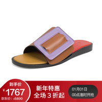 BOYY 女士红色棕色黄色拼接牛皮平底拖鞋 BUCKLE SANDAL BRANDY/IRIS 38