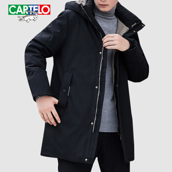 卡帝乐鳄鱼(CARTELO)羽绒服男中长款2019冬季新品男士时尚修身连帽保暖防寒男装外套 黑色 4XL