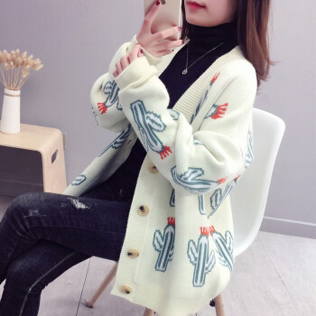 沫欣 针织衫女2019秋冬新品中长款慵懒风宽松复古百搭清新仙人掌外套毛衣开衫 MMLM191635 米白 均码