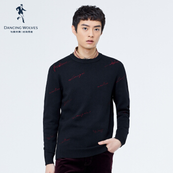 与狼共舞 DANCING WOLVES针织衫男2019秋季新款男装圆领纯色毛衫青年毛衣72096021090 001黑色 180/96A