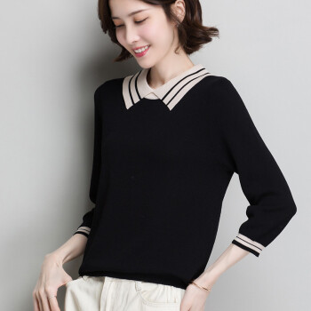 沫欣 针织衫女2019秋冬新品娃娃领甜美宽松薄款上衣短款七分袖针织打底衫毛衣 MMQF19155 黑色 XL