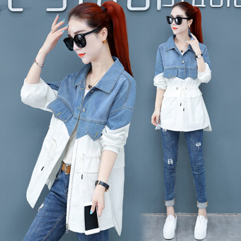 丽乔 牛仔外套女2019秋季新款女装韩版宽松夹克中长款拼接学生bf外套潮 HZD058-8958 白色 L