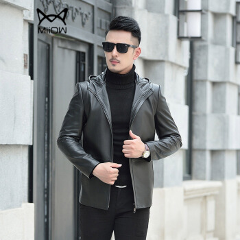 猫人（MiiOW）绵羊皮衣 男士时尚潮流连帽绵羊皮夹克外套5017-704黑色3XL
