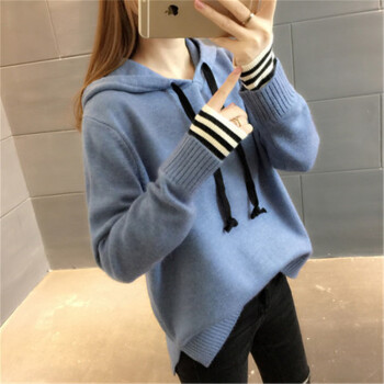 沫欣 针织衫女2019秋冬新品纯色休闲长袖针织打底连帽衫套头宽松显瘦毛衣外套 JXALLM017 灰蓝色 均码