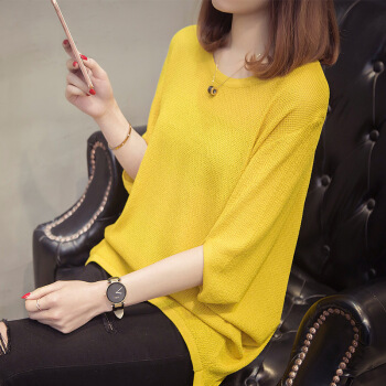 沫欣 针织衫女2019秋季新品百搭通勤圆领洋气冰丝薄款打底七分袖针织蝙蝠衫 JXALFS018 黄色 XL
