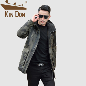 金盾（KIN DON）羽绒服 男2019冬季新款休闲百搭韩版潮流连帽迷彩加厚保暖外套 QT2009-Y151-2 军绿色 2XL