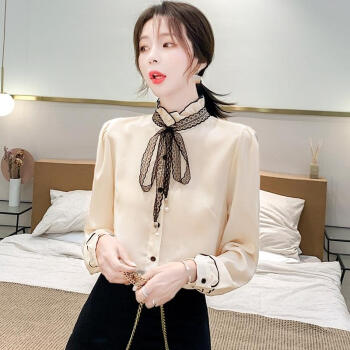 AUDDE 2019秋季新款女装新品衬衫女蕾丝蝴蝶结系带气质长袖雪纺衫衬衫上衣女 zx2FF027-6003 杏色 2XL