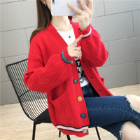 萱旎（XuanNi）很仙的开衫毛衣女 2019秋季新品韩版时尚百搭洋气单排扣针织外套潮 ZLPX536 红色 S