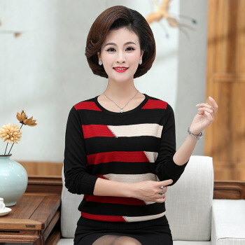 沫欣 针织衫女2019秋冬新品中老年妈妈装休闲宽松条纹针织打底T恤衫长袖毛衣 MMHD550 黑色 L