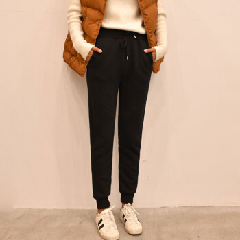 俞兆林 2019秋冬新款韩版宽松羊羔绒卫裤运动裤百搭加绒加厚休闲裤女 YWKX188419 黑色 M