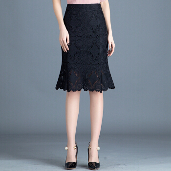 一塘晨2019秋季新款女优雅通勤纯色镂空蕾丝高腰包臀鱼尾裙摆气质半身裙 S91R0867BA10M 黑色M