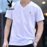 花花公子（PLAYBOY）男士短袖T恤韩版时尚休闲纯色V领假两件短袖T恤男 白色 M