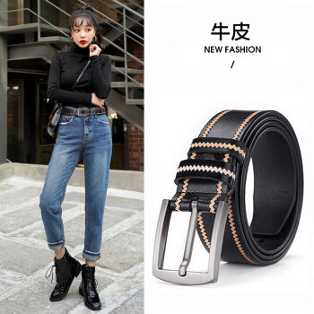 斯提亚（STIYA）皮带女士牛皮针扣复古宽腰带女时尚装饰牛仔裤绣线简约休闲裤带 893S081004黑色