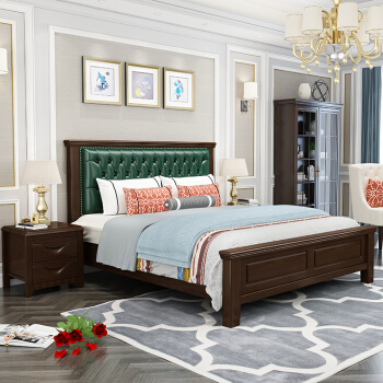 恒兴达 美式实木高箱双人床(1.8*2米胡桃色+绿皮 单床)