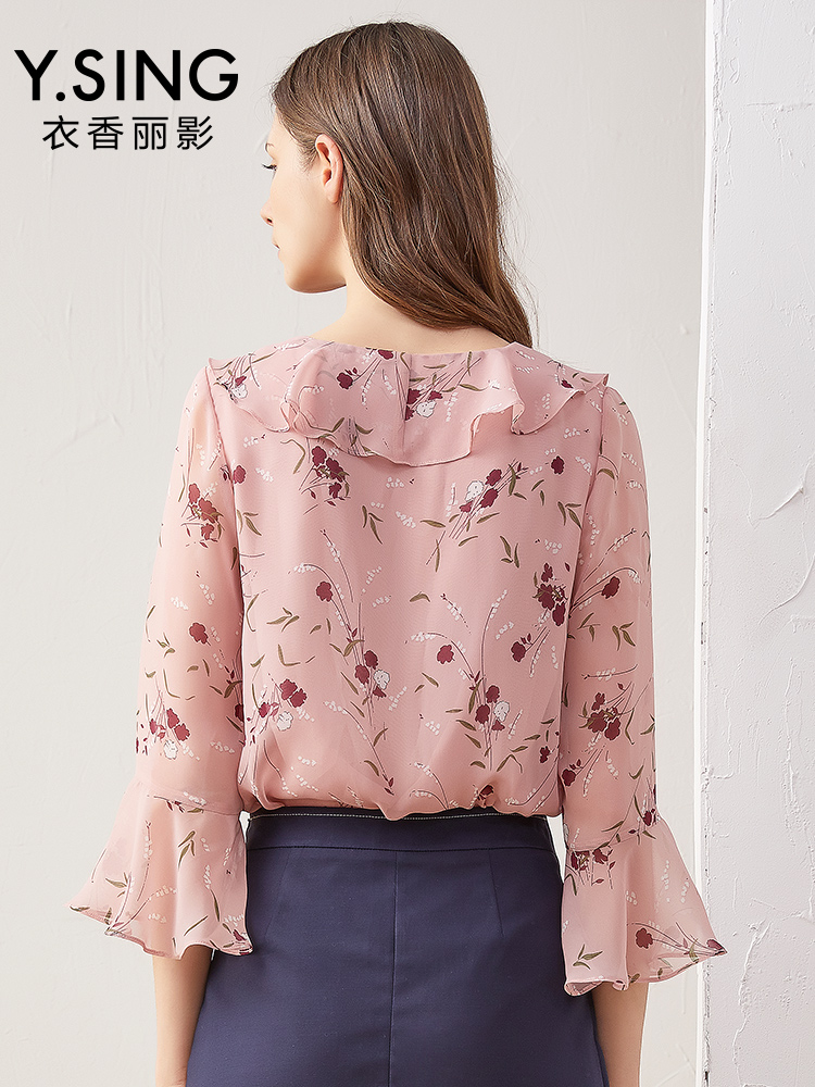 衣香丽影 980731317 女士宽松V领碎花雪纺衫 黑色花料 S