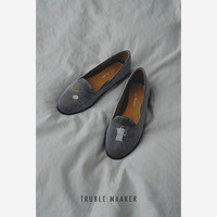 Truble Maaker 咖啡系列 刺绣平底丝绒乐福鞋 37