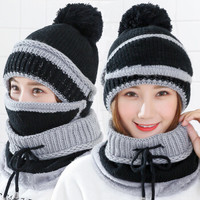 北诺（BETONORAY）毛线帽子女士冬季加绒保暖针织帽系绳收口围脖口罩三件套装 黑色