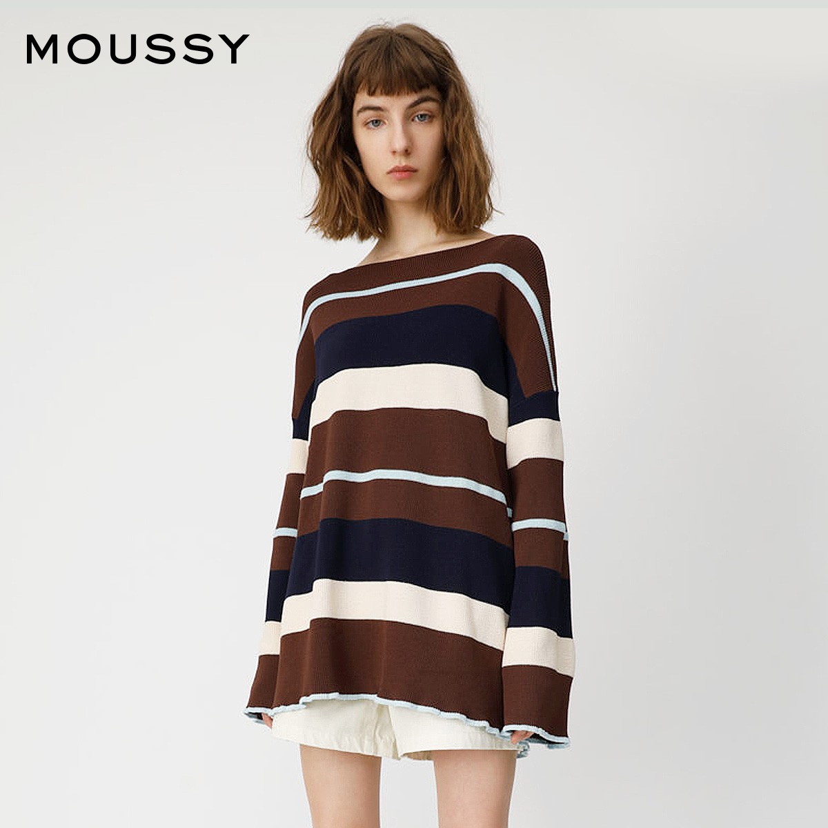 MOUSSY 010CSF70-0870 拼色条纹一字肩微喇叭袖针织衫