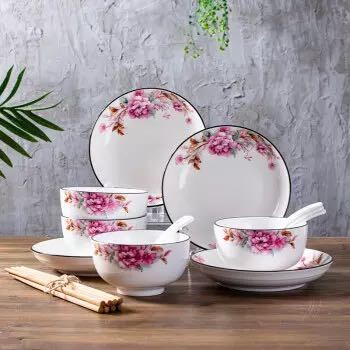 應州東進 陶瓷碗盘餐具套装 牡丹花开 16件套