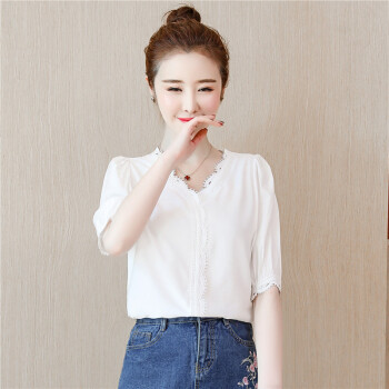 曼如芬 短袖上衣宽松打底T恤 夏季新款韩版时尚钩花蕾丝拼接V领雪纺衫女 XRSS9112 白色 2XL