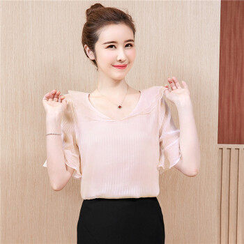 曼如芬 洋气雪纺小衫女 夏装新款韩版喇叭袖显瘦很仙的百搭上衣 XRSS9118 杏粉色 L