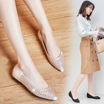 娜箐箐 naqingqing 网纱平底女鞋内增高镂空透气低帮水钻英伦单鞋女 8227-8裸色 36