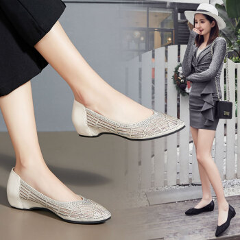 娜箐箐 naqingqing 网纱平底女鞋内增高镂空透气低帮水钻英伦单鞋女 23272黑色 35