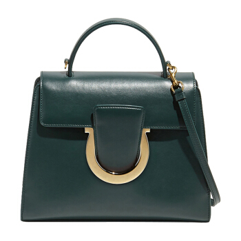 Salvatore Ferragamo 菲拉格慕 经典款女士Gancini系列深亮绿色牛皮革手提包 0714592