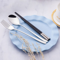 创建 Crthl 筷子勺子套装 304不锈钢学生白领韩式叉子餐具套装便携盒儿童三件套 原色