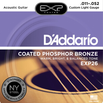 达达里奥（D'Addario）EXP26 磷铜民谣吉他弦防锈镀膜 较细款张力11-52美产原装进口