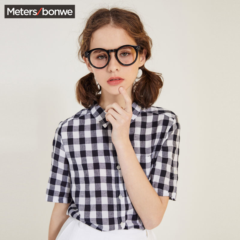 Meters bonwe 美特斯邦威 225793 女士短袖格子衬衫