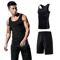 潮流假期 运动套装男健身服男篮球服跑步运动速干透气短袖套装 NZ9001-黑色-背心两件套-XXXL