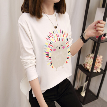 朗悦女装 春季韩版圆领印花长袖T恤学生修身打底上衣 LWTC180124 白色 L