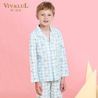 唯路易 VIV&LUL 儿童睡衣 女童家居服套装男童棉长袖秋款睡衣套装 DV16255 蓝白格 130
