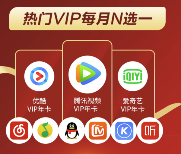 热门vip每月n选一(爱奇艺/qq音乐/喜马拉雅/腾讯视频等) 追剧卡(40g