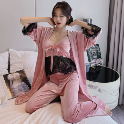 PEANOJEAN 6772 性感蕾丝吊带睡衣三件套