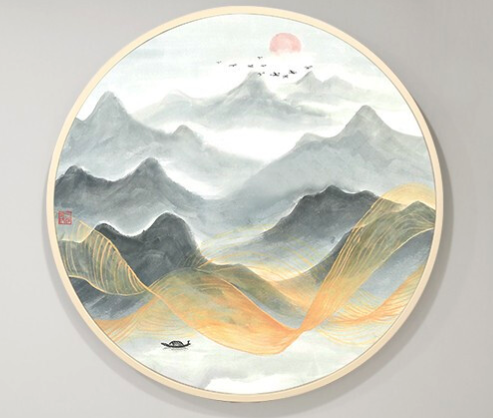 手绘国画入户玄关圆形山水画装饰画写意风景画佛晓6060cm