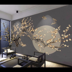 新中式玉兰花鸟电视背景墙壁画卧室客厅卧室沙发无缝墙画 款式1 加厚